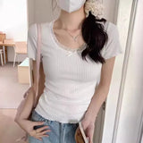Aesthetic Lace Trim Short Sleeve Bow TeeOutfit