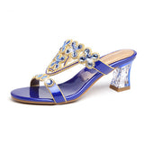 New High-Heeled Sandals Are Sexy And Fashionable In Gold In Summer, Wearing Thick Heels And Diamond-Encrusted Slippers In Middle