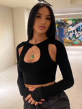 with Me 2022 Summer Long Sleeve Cropped Corset Women Top Sexy Aesthetic Club O Neck Fairy Grunge Black Women's