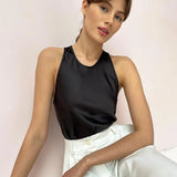 Satin White V Neck Crop Tops Women Sleeveless Elegant 2022 Summer Casual Cami Basic Off Shoulder Sexy Tank Tops