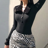 Black Furry Collar Autumn Knitted Bodysuit Women Elegant Chic Long Sleeve Bodycon Short Jumpsuit Ladies Casual