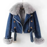 Faux Fur Collar Lining Denim Jacket- Outfit