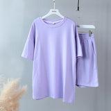 Summer Tracksuits Womens Two Peices Set Leisure Outfits Cotton Oversized T-shirts High Waist Shorts Candy Color