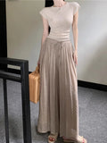 Hot Girl Casual Suit Women's Spring Short-sleeved Knitted Top High Waist Wide Leg Pants 2-piece Set Fashion Female