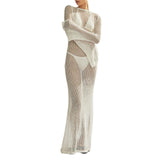 Women's Summer Long Knit See-through Beachwear Solid Color Flare Long Sleeve O Neck Hollow Backless Cover Up