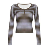 Zingj Wind Navy Blue Three Button Stripe Long Sleeve T Shirt Female Autumn BM Retro Hot Girl Slim Bottom Top