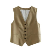2025 Summer V-Neck Solid Color Single Breasted Vest High Waist Wide-Leg Pants Shorts Set