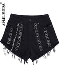 Bandage Denim Shorts With Chain Women High Waist Streetwear Gothic Jeans Mini Black Casual Goth 2022 Fashion Bottoms