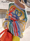2022 Stripe Knitted Pullover Oversized O Neck Embroidery Fashion Sexy Autumn Winter Sweater Loose Women Casual