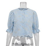 Zingj Women's Wear 2024 New Design Sense Embroidered Short Shirt Fashion Horn Sleeve Crop Shirt Top-Outfit