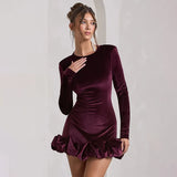 Women's Clothing 2025 Autumn New Fashion Temperament Velvet Collar Three-Dimensional Folded Hem Long-Sleeved Dress