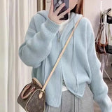Version Of Solid Color Double Zipper Hooded Sweater Female Korean Early Autumn New Loose Style Soft Waxy Knitted Cardigan