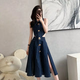 Kong-Style Sleeveless Denim Dress Women's Summer New Hollow High-Waisted Fishtail