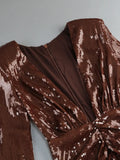 Brown Sequin Deep V-Neck Long Sleeve Evening Midi Dress- Outfit