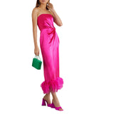 Fashion Elegant Strapless Back Split Feather Patchwork Wedding Party Long Dress Woman Summer Solid Satin Tunics Prom