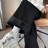 Black Tall Add Velvet Narrow Version Straight Banana Pants Female Autumn Winter New High Waist Hanging Feeling Wide Leg Sports Casual Pants-Outfit
