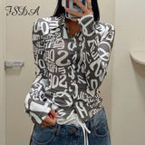 Letter Print Long Sleeve T Shirts Blue Sexy Women V Neck Black Autumn Summer Casual Crop Tops Fashion