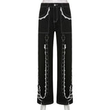Emo Punk Lace Up Baggy Jeans Women 90S Goth Black Pants Streetwear Pockets Patchwork Wide Leg Cargo Jeans Low Waist