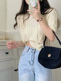 Kitty 2022 Summer Retro All Match Argyle Women Jumpers Pullovers Casual Chic Half Sleeves New Sweet Knitted