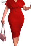 Women Autumn Dress Ladies Casual Big Size Slim Office Dress Retro Elegant V-Neck High Waist Printed Short Sleeve Party