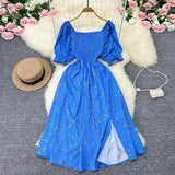 Zingj New French Gentle Wind Sweet Square Collar Bubble Short Sleeve Waist Show Thin Slit A-Word