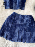 High Street Denin Two Pieces Sets Strapless Backless Mini Tops+Short Zipper Pleated Skirt Women Sexy Y2k Senior