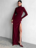 Turtleneck Long Sleeve Draped Slit Maxi Dress- Outfit