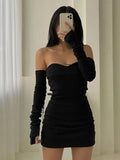 Gothic Sexy Tube Top Women Dresses Off Shoulder Gloves Streetwear Party Dress Outfits Elegant Women Clothing Mini