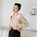 Glitter Ruffles Blouses For Women Fashion 2022 Puff Sleeve Cropped Shirt Backless Long Sleeve Designer Top Fall