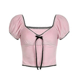 Waxy, Lazy And Colorful Butterfly Machine Is A New Style Of T-Shirt With Bubble Sleeves, Small Sexy V-Collar, Pink And Pure