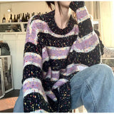 Zingj Gauze Color Stripe Sweater Unlined Upper Garment Female Design Feeling Small Minority Autumn Winter New Style Languid Lazy Wind Loose Color Sweater-Outfit