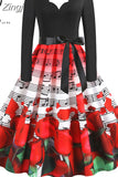 Women Winter Christmas Dress Vintage Santa Printed V-Neck Long Sleeve Swing Sexy Xmas Party Festival Dress