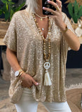 Regular Sleeve Sequined V-neck Loose-fitting T-shirt