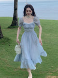 Blue Elegant Fairy Dress Women Bow Bandage Party Midi Dresses Casual Korean Fashion Lace Chic Lolita Dress Female