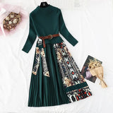 Women's Knitted Patchwork Printing Pleated Dress Autumn Fashion Long Sleeve O Neck Belt Midi
