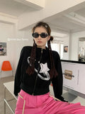 Winter Vintage Jackets Women Turn-down Collar Y2k Print Jackets Coats American Retro Black Coat Streetwear Female