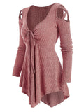 Long Sleeve Autumn Knitted Sweater Women Pullover Cold Shoulder Front Drawstring Ribbed Knitwear Solid Women