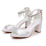 Cm Fish Mouth High Heel Sandals Shallow Large-Size Round-Headed Beaded Thaigou High Heels Bridal Wedding Silk Satin