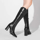 Fashion Knee High Boots Autumn Winter Women Pu Leather Square High Heel Western Boots Pointed Toe Zipper Woman Shoes