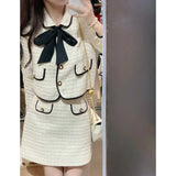 2023 Spring and Autumn New Style Small Fragrance Fashion Suit Skirt Women's Sweet Bow Tie Suit Jacket Skirt Two-piece