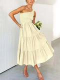 Summer Green Long Dress Women Elegant One Shoulder Dress Ladies Floral Print Maxi Party Pleated Dress For