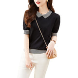 Photo Doll Collar Jacket Female Summer Ice Silk Short-Sleeve T-Shirt False Two Striped Knit Half Sleeve Small