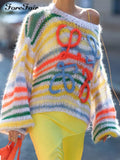 2022 Stripe Knitted Pullover Oversized O Neck Embroidery Fashion Sexy Autumn Winter Sweater Loose Women Casual