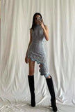 Asymmetrical Wavy Hem Round Collar Knit Midi Dress-Outfit