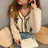 Women Embroidery Vintage Leisure V-neck Design Student Fashion Harakuju Kawaii Popular Retro Tops Korean Style