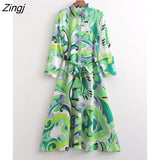 Women Vintage Paisley Totem Floral Print Breasted Midi Shirt Dress Female Chic Long Sleeve Bow Sashes Vestidos
