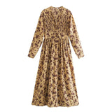 2021 spring women dress long sleeve midi dress floral printing single breasted v-neck korean fashion
