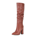 New Autumn Winter Zebra Print Women Boots Fashion Pleated Square High Heel Knee High Boots Ladies Slip On Pointed Toe