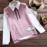 Student College Wind Sweater Vest Female Cartoon Pattern Embroidery Round Neck Sleeveless Irregular Sweater Vest