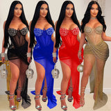 Zingj Fashion Women's Sexy Mesh Hot Diamond Long Skirt